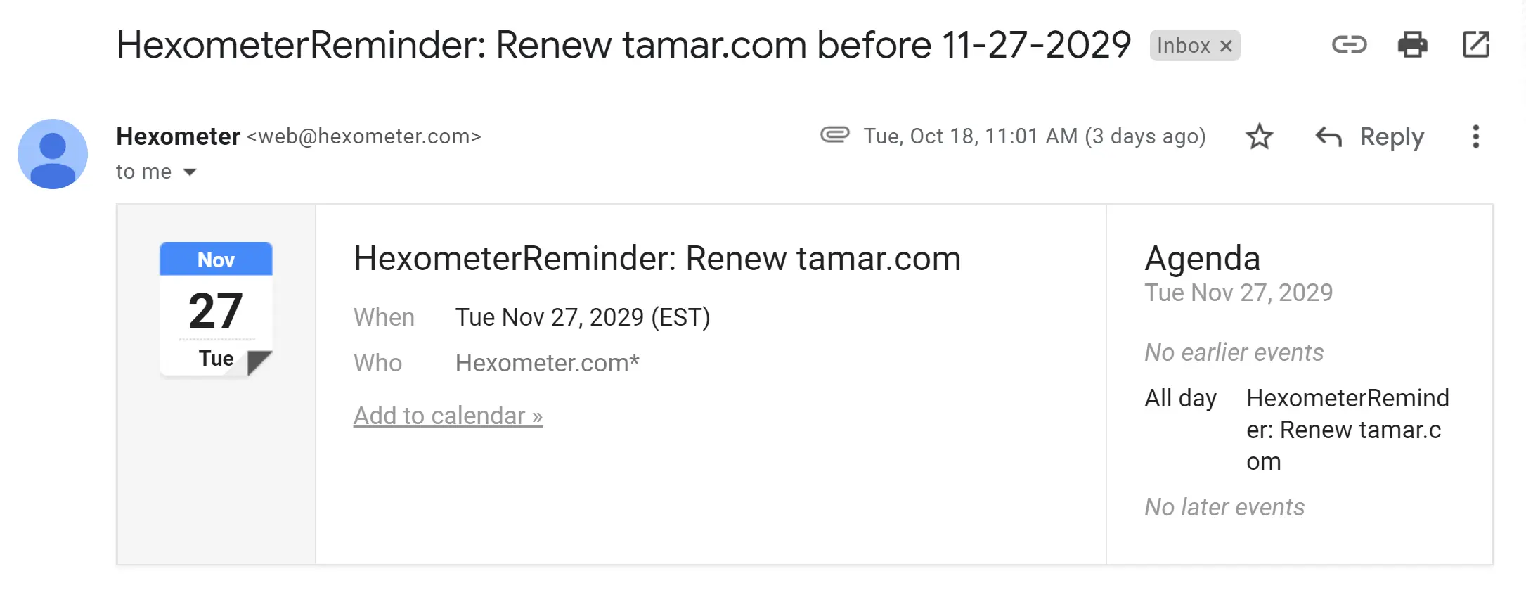 Hexometer renewal email